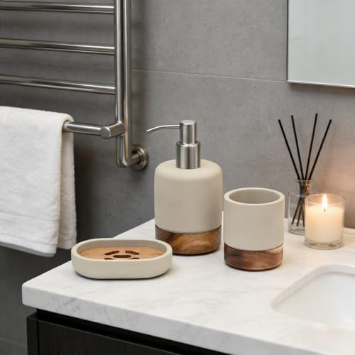 Creativefine Modern Badezimmer-Zubehör-Set aus Holz, Badaccessoires-Set, 3-teiliges Bad Set aus Seifenspender, Seifenschale u. Zahnbürstenhalter