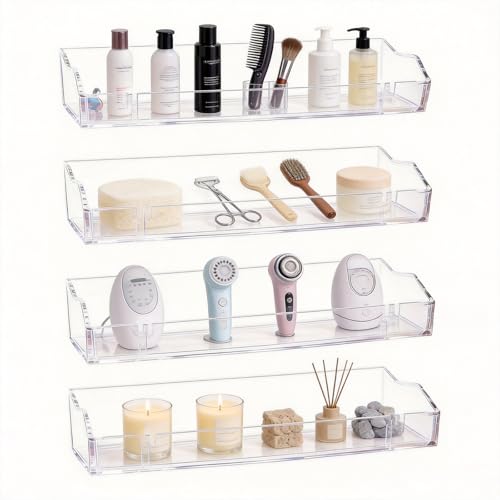 EIIXMSO Clear Floating Shelves, Acrylic Shelves for Wall Upsimples Floating Shelves in Living Room, Bedroom, Kitchen Storage and Bathroom Wall Organizer