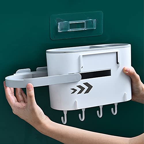 Afulili Wall Mounted Bathroom Storage Rack Punch-Free Bathroom Organizer With Hair Dryer Holder Plug Holder For Washroom Restroom Shower Toilet Kitchen 4 Hooks (Grey) #TOP7