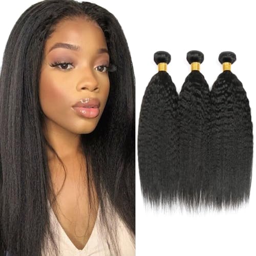 #1B Natural Black Bundles Human Hair Yaki Straight Bundles Human Hair 16 18 20 Inch SeeGovie Unprocessed Brazilian Virgin Hair Natural Color Kinky Straight Bundle Human Hair Extensions 150 Gram