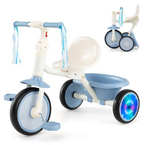 Image of COSTWAY Kids Tricycle, Foldable Toddler Trike with Lighting Wheels (Blue) | Adjustable Seat, Storage Basket, 3 Wheels Kids Bike for 2-5 Years Old Boys Girls