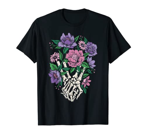 Esqueletos florales tomados de la mano para mujer lindo Halloween 2022 Camiseta