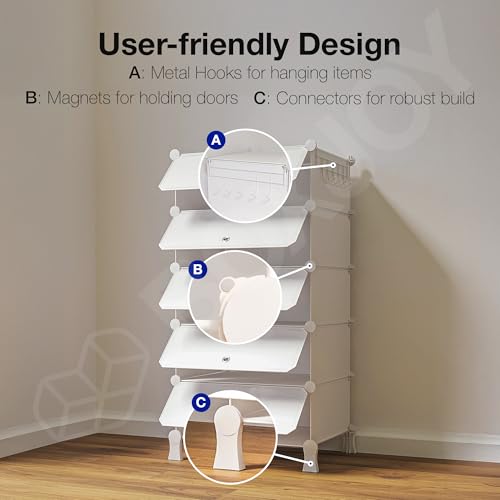 Image of BOXJOY 5 Shelf Shoe Rack Box Organizer with 5 Doors, Strong Magnets & 5 Hook Steel Holder for Home Storage, PP Plastic Cabinets with Metal Door Frame, Chappal Slipper Stand (White Rack, White Door)
