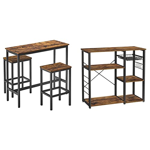 Vasagle Dining Table Set, Bar Table And Chairs Set, Rustic Brown And Black & Alinru Kitchen Baker’s Rack, Coffee Bar, Microwave Oven Stand, With Steel Frame, Wire Basket, 6 Hooks, 35.4", Rustic Brown #TOP8