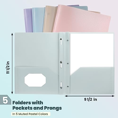 GNL Plastic Folders with Pockets and Prong, Pack of 5, Muted Pastel Colors, Heavy Duty 2 Pocket File Folders Letter Size, Folders with Prongs for School, Home, and Office