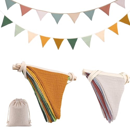 Sunshinestar 2 Stück Wimpelkette Stoff Musselin Outdoor Wetterfest 2.6m, Wimpelkette mit Jutesäckchen Baumwolle,Wimpelkett für Hausbett, Kinderzimmer Geburtstag Wanddeko Geschenk