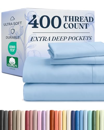 cgk unlimited extra deep pockets 400 thread count 100% cotton 4 piece bedding sheet set - breathable & cooling - hotel luxury bed sheets set- soft, wrinkle free & comfy, full, light blue
