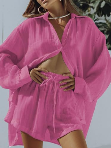 Image of Fixmatti Women 2 Piece Outfits Long Sleeve Button Down Blouse and Shorts Sweatsuit Sets