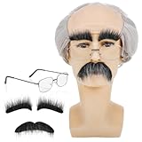 Meyeyaia Old Man Wig Costume Set Old Man Bald Cap With Hair On Sides Funny Wig with Glasses Mustache & Eyebrows for Mens Adults Halloween Cosplay Costume Accessories Gray