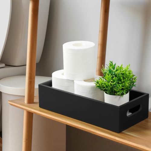 ALELION 14 Inch Black Wood Bathroom Storage Basket with Handles, Toilet Paper Basket for Back of Toilet Tank Top, Wooden Organizer Tray for Bathroom Countertop, Vanity, Kitchen, Pantry, Laundry Room — view 2