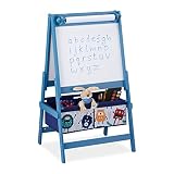 Relaxdays Standtafel Kinder, 2 in 1, Kindertafel mit Papierrolle & Körben, HxBxT: 94 x 52 x 46,5 cm, Kreidetafel, blau