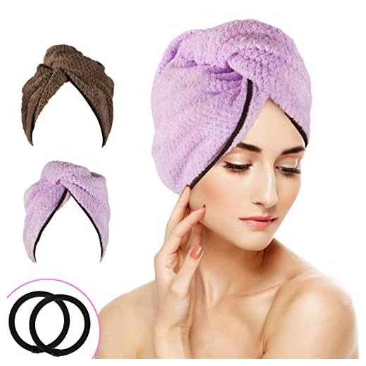 WOSTOO Toallas para Secar el Pelo, 2 pcs Toalla Turbante para el Pelo, Cabello Turbante de Secado rápido Coral Fleece con Botón del Abrigo, para en EUR Ducha, SPA, Maquillaje（Púrpura, marrón）