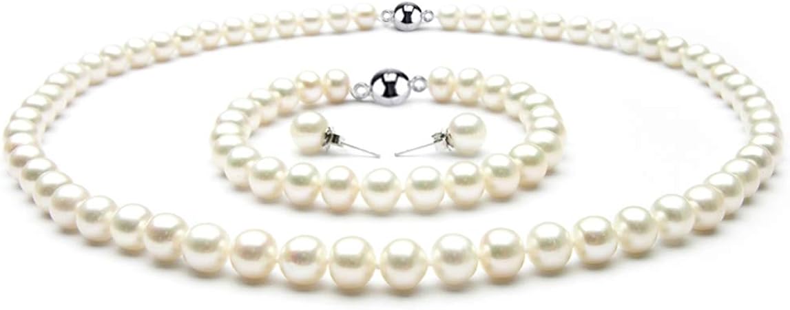 Treasure Bay AA Grade Natural 7mm White Freshwater Pearl Necklace Bracelet Earrings Women's Pearl Jewellery Set(18 In)