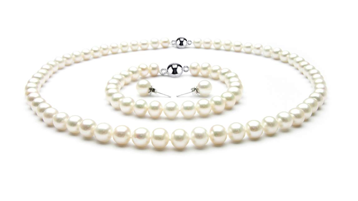 TreasureBay Juego de collar y pulsera de perlas naturales de agua dulce de 7 mm con cierre magnético