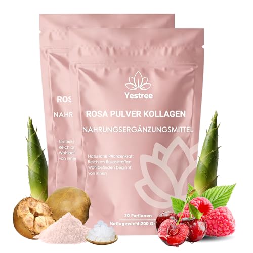 2 Pack Rosa Pulver Kollagen 200g Rosa Mix Mit Bambussprossen Baobab Himbeere Acerola Kollagen+Hyaluron | Ballaststoffreich & Vegan | Natürliches Pflanzenpulver für Alltag & Ernährung
