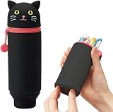LIHITLAB Kawaii japoński czarny kot stojący piórnik do szkoły, biura, na uczelnię, urocze przybory szkolne, uchwyt na długopisy ze zwierzętami, nastolatki, artystki, przechowywanie kosmetyków