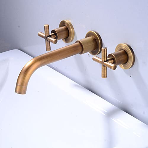 Copper Concealed, Bathroom Sink Taps, Mixer, Double Lever, Wall Mounted Bath taps, Three Holes, Basin taps hot and Cold, Basin Mixer taps Bathroom, Antique_Siamese