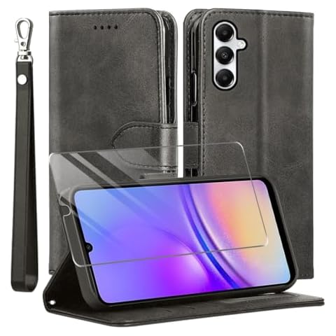 TTYSHTT for Samsung Galaxy A15 Case and Tempered Glass Screen Protector, PU Leather Flip Cover Wallet Phone Case Protector [Full Protection] [Card Slots] [Kickstand] for Samsung Galaxy A15, Black Cover