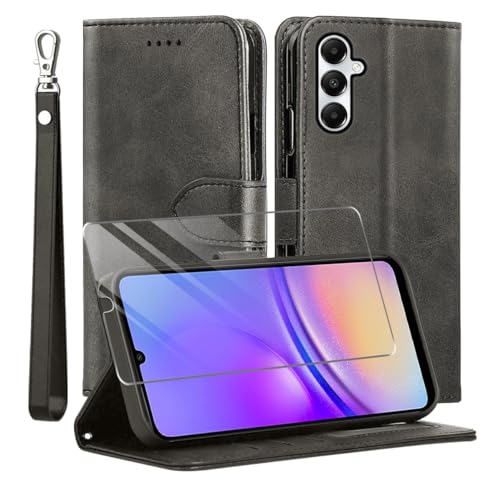 TTYSHTT for Samsung Galaxy A15 Case and Tempered Glass Screen Protector, PU Leather Flip Cover Wallet Phone Case Protector [Full Protection] [Card Slots] [Kickstand] for Samsung Galaxy A15, Black