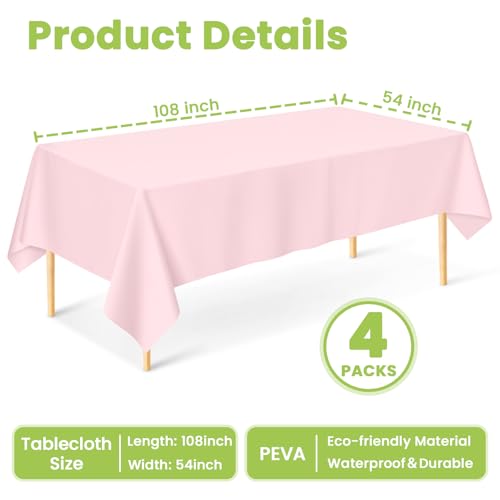 Image of Mulbozy Pink Plastic Table Cloth Disposable 4 Pack, 54 x 108 Inch Tablecloths Rectangle, Light Pink Plastic Table Cover for Party Decor