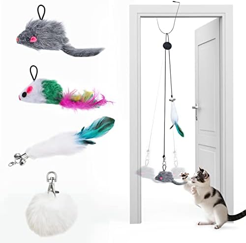 Otunrues Cat Feather Toys, Interactive Cats Toy for Indoor Cats, Hanging Cat Toys Doorway Retractable Cat Teaser Toy 4PCS Replaceable Natural Feathers Refills Play Exercise Puzzle Toys