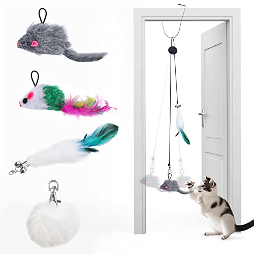 Otunrues Cat Feather Toys, Interactive Cats Toy For Indoor Cats, Hanging Cat Toys Doorway Retractable Cat Teaser Toy 4Pcs Replaceable Natural Feathers Refills Play Exercise Puzzle Toys #TOP23