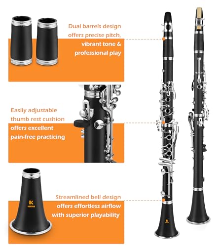 Kordos Bb Clarinet B Flat for Beginner Student Nickel-Plated with 2 Replaceable Barrels for School Band Orchestra adult kid with Hard Case, Mouthpiece, Stand, Cleaning Kit, Gloves, Strap, 3 Reeds