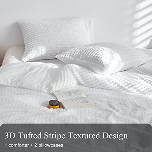 Warmdern Queen Comforter Set White Boho Stripe Comforter Lightweight Microfiber Down Alternative Comforter Tufted Bedding Set 3 Pcs For All Season - 1 Comforter & 2 Pillowcases (White, Queen) #TOP3