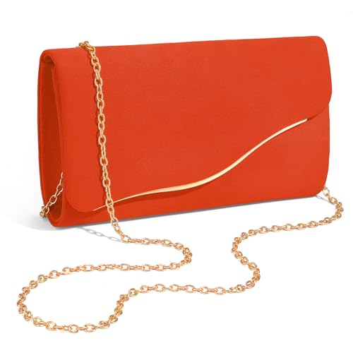 XquiziFit Clutch Purses for Women Formal Evening Clutch with Detachable Chain Faux Suede Purse for Wedding Party Orange