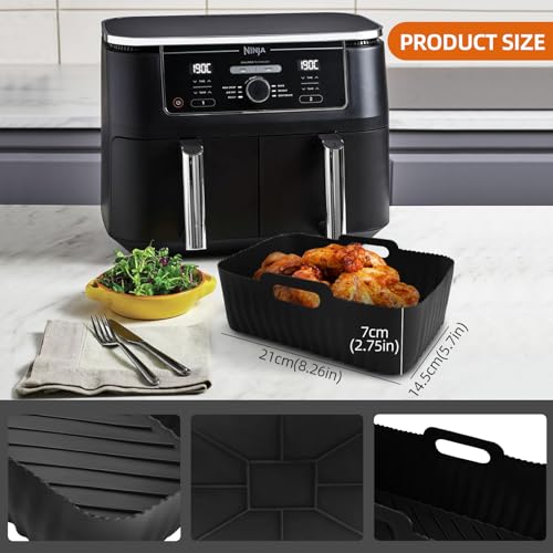 Image of Air Fryer Liners I Round Silicone Basket Baking Tray I Pot with Ear Handles I Nonstick Reusable Heat Resistant I Cooking Oven Insert Accessories (Grey+Grey)