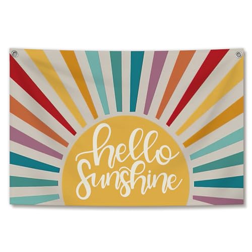 TWRVI Hello Sunshine Canvas Banner, Boho Abstract Colorful Sunshine Wall Decor for Home Living Room Bedroom Office, Boho Wall Hanging Banner Flag, 30x20 Inch