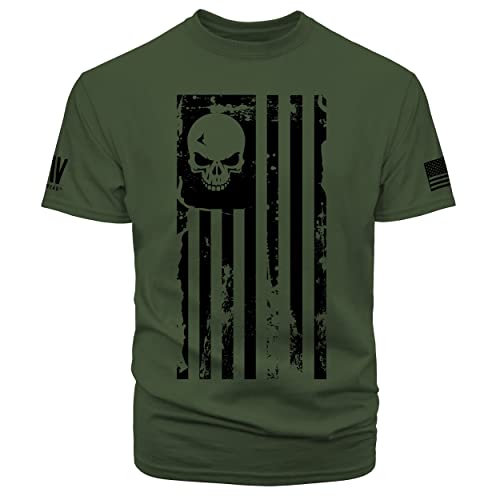 Dion Wear American Flag Skull Men's T-Shirt, Military Green, X-Large #TOP9