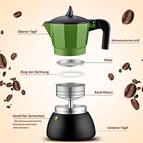 Ogni Ora Stovetop Espresso Maker Moka Pot, Green 6 Cup(300 Ml) Camping Coffee Pot Double Valve Design Espresso Coffee Maker Suitable For Gas, Induction, Electric Pottery Stove #TOP1