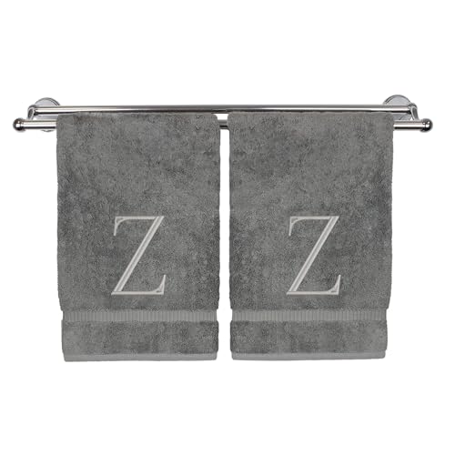 Monogrammed Hand Towel, Personalized Initial Gift, Extra Absorbent 100% Turkish Cotton - Soft Terry Finish - Set of 2 - Silver Block Initial Z - Embroidered on Grey Towels