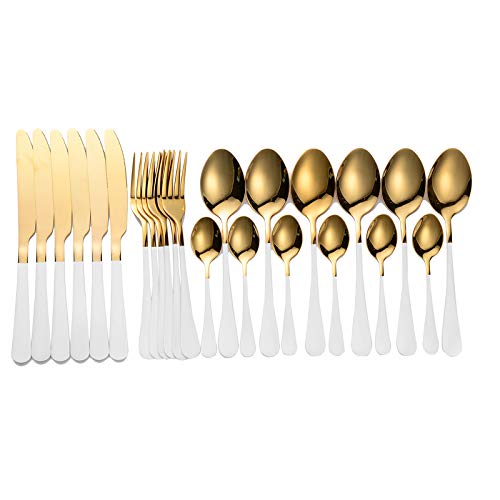 MMRTDJDR Ensemble de Couverts de Couverts de Couverts en Acier Inoxydable 24pcs Sente de Couverts en Acier Inoxydable Steak Fork Café cuillère cuillère cuillère à café pour Le dîner pour la Vaisselle