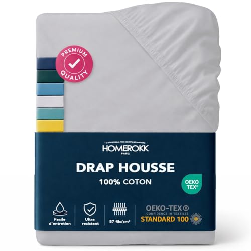 HOMEROKK Drap Housse 140 x 190 x 27+ cm – 100% Coton 57 Fils/cm² – Bonnet Profond pour Matelas Épais – Gris Clair
