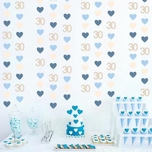 Image of Champagne Gold Blue 30th Birthday Decorations Champagne Gold Dusty Blue Heart Garland Streamer Banner Backdrop for Women Happy 30th Birthday Dirty Thirty Cheers to 30 Years Anniversary Party Supplies