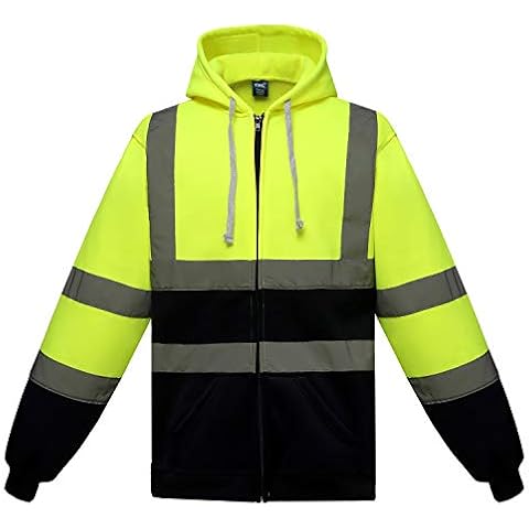 Phrmovs Class 3 Fleece Hoodie Zipper Front Safety Jacket with Pockets,Yellow+Navy,L Cover