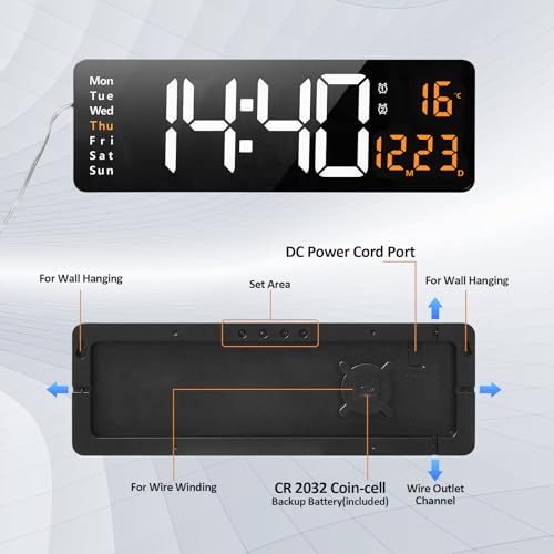 Image of Digital Wall Clock, 16 inch Large Digital Clock with Time Date Temp Week, Timer, 12 /24Hr, Auto-Dimming, Remote Control for Living Room /Classroom /Gym /Church /Store /Garage (Orange)