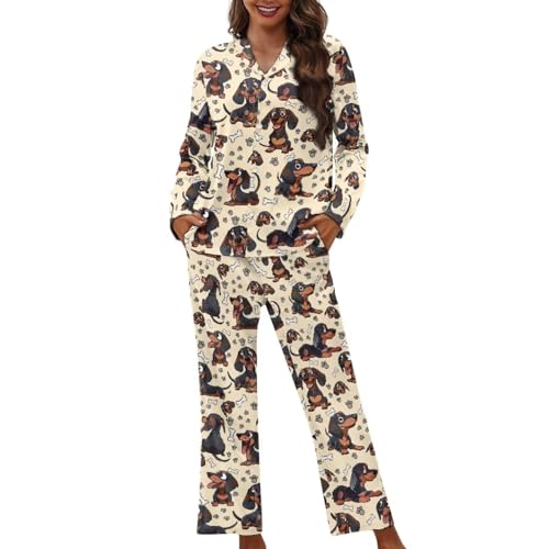 XXQGOMG 2-teiliges Pyjama-Set mit Knopfleiste für Damen, langärmelig, Bluse und Hose, Nachtwäsche, Brauner Dackel-Druck, XL