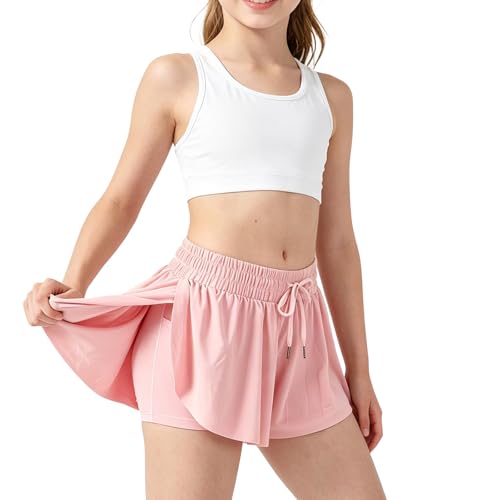 Image of GOZINA Girls Running Shorts, 2 in 1 Flowy Skorts with Invisible Pockets, Elastic Sports Shorts for Gym Tennis Cycling (UK, Age, 13 Years, 14 Years, Regular, Pink)