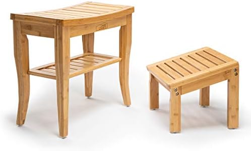 OasisCraft Bamboo Shower Bench Chair with Foot Stool and Free Soap Dish, Wood Spa Bath Seat Wooden Bathroom Stool Bath Organizer Seat with Underneath Storage Shelf, Perfect for Indoor Outdoor