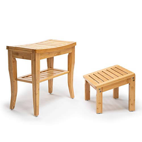 Oasiscraft Bamboo Shower Bench Chair With Foot Stool And Free Soap Dish, Wood Spa Bath Seat Wooden Bathroom Stool Bath Organizer Seat With Underneath Storage Shelf, Perfect For Indoor Outdoor #TOP18