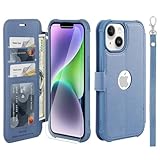 VANAVAGY Compatible for iPhone 14/13 Wallet Case for Women Men, PU Leather Flip Cover with Wrist Strap for Wireless Charging with RFID Blocking Card Holder Screen Protector,Blue