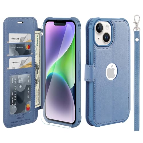 VANAVAGY Compatible for iPhone 14/13 Wallet Case for Women Men, PU Leather Flip Cover with Wrist Strap for Wireless Charging with RFID Blocking Card Holder Screen Protector,Blue