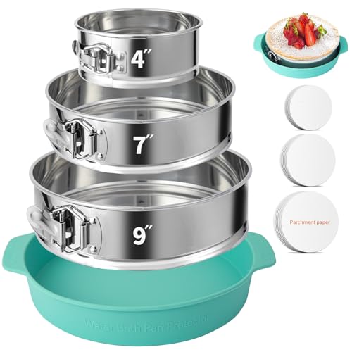 4, 7, 9 Inches Springform Pan Set of 3 - 304 Stainless Steel Nonstick Springform Cake Pan Set with Removable Bottom, 10 Inch Leakproof Silicone Cheesecake Pan Protector with 60 Pcs Parchment Paper