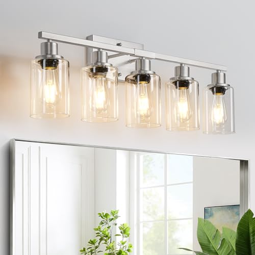 Image of MOKATNG 5-Light Bathroom Light Fixtures, Vanity Light with Clear Glass Shades, Brushed Nickel Bathroom Light Fixtures Over Mirror, Modern Bathroom Wall Lamp for Mirror Living Room Cabinet Bedroom