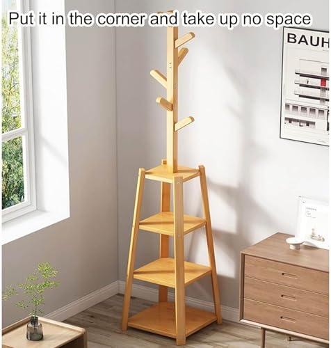 Image of Lukzer Wooden Bamboo Clothes Rack with 6 Hooks & 3-Tier Shelf | Freestanding Coat & Hat Stand | Multipurpose Garment Organizer for Entryway, Bedroom, Living Room, Hallway & Office (171x30cm)