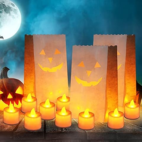 12 Stück Halloween Leuchten Papiertüten Papierlaterne Taschen Halloween Kürbis Teelicht Papiertüte Cover