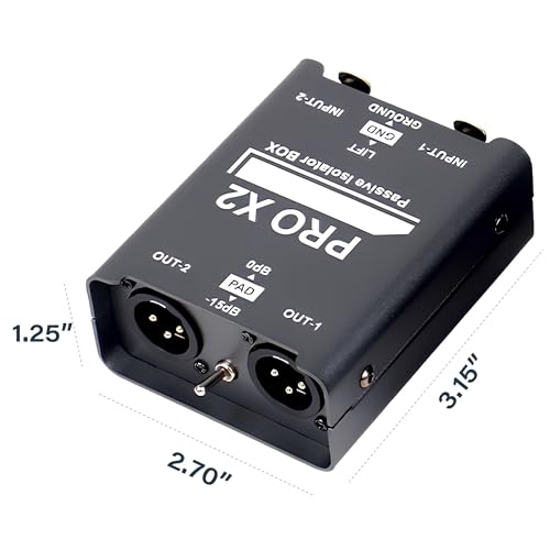 PRO X2 Passive Ground Loop Isolator, 2-Channel Stereo Direct Box Audio Static Feedback Hum Eliminator, XLR/6.35mm to XLR for Live Sound System Broadcast Studio Streaming